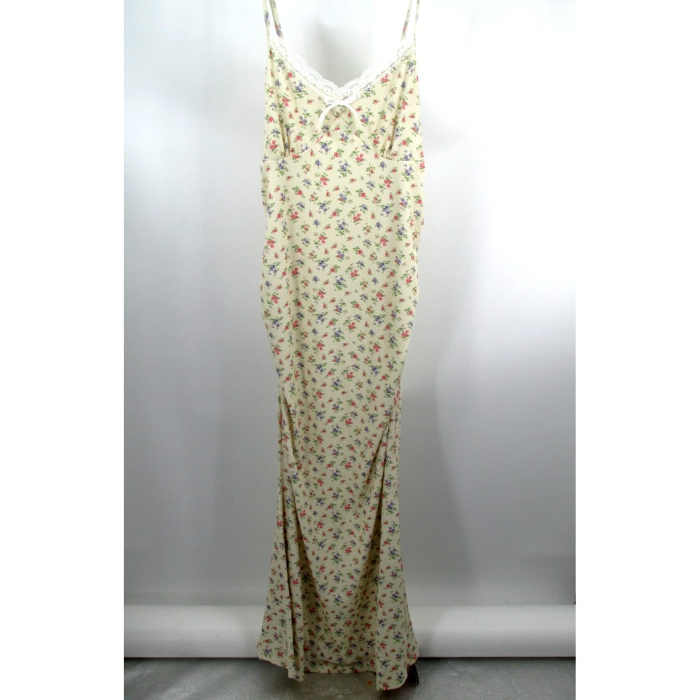 ROMWE Maxi Summer Dress Women 6 Yellow Floral Ruched Stretch Cottage Boho